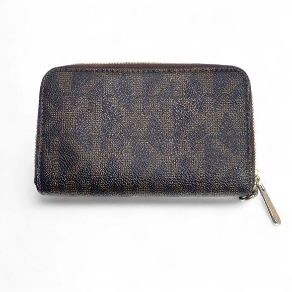 Michael Kors Small Monogram Zip Around Wallet Brown Leather Gold Logo Plate - Picture 2 of 8